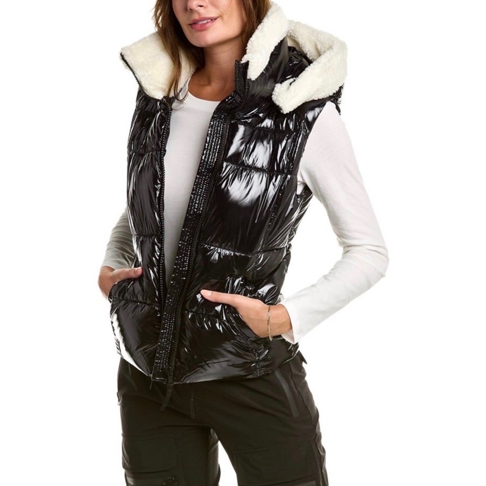 S13 New York Womens Black Glossy Puffer Vest Faux Shearling Collar Size Small